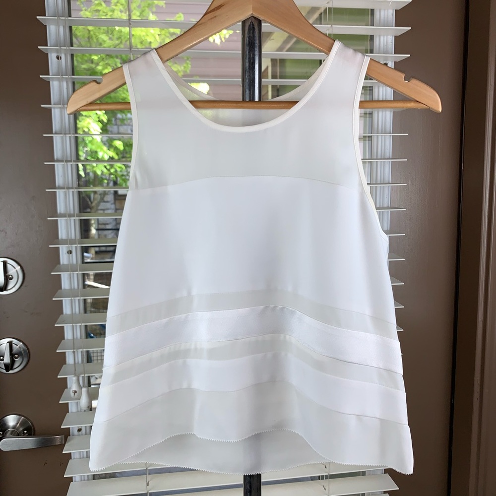 PARKER 100% Silk Cream Striped Sheer Paneled Sleeveless Cropped Lightweight Tank